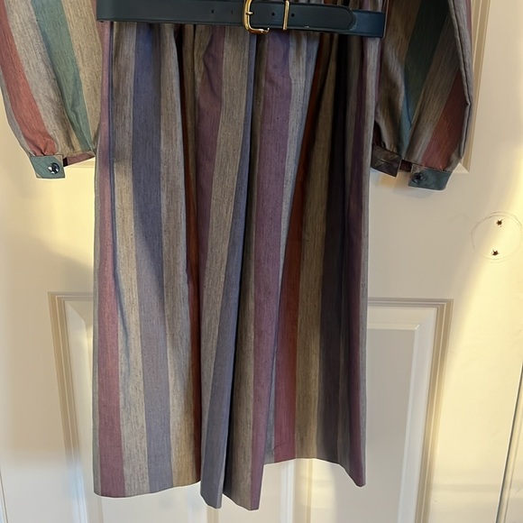 Vintage K.C. Petites Belted Collared Dress Size 8 Multi-Striped Long Sleeve - Picture 5 of 10